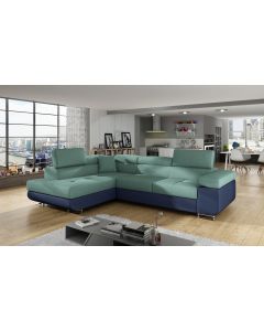 Canapé d'angle Ontan en Tissu Vert et Simili-cuir Bleu convertible + coffre de rangement